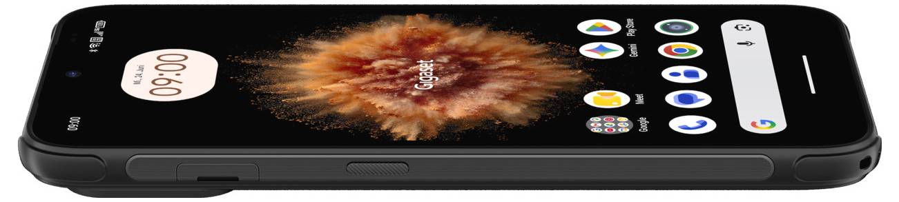 Seitenansicht eines schwarzen Smartphones auf weißem Hintergrund, die eine 09:00-Uhr und App-Symbole auf dem Bildschirm zeigt.
