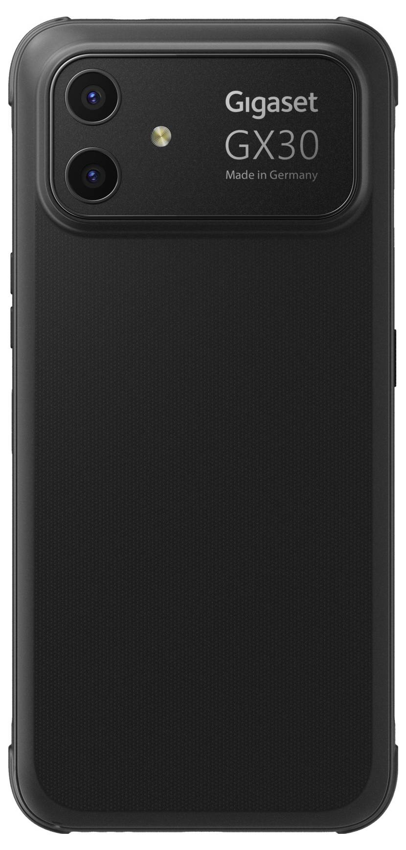 Rückseite eines schwarzen Gigaset GX30 Smartphones mit Dual-Rückkameras und Blitz, beschriftet mit „Gigaset GX30 Made in Germany".