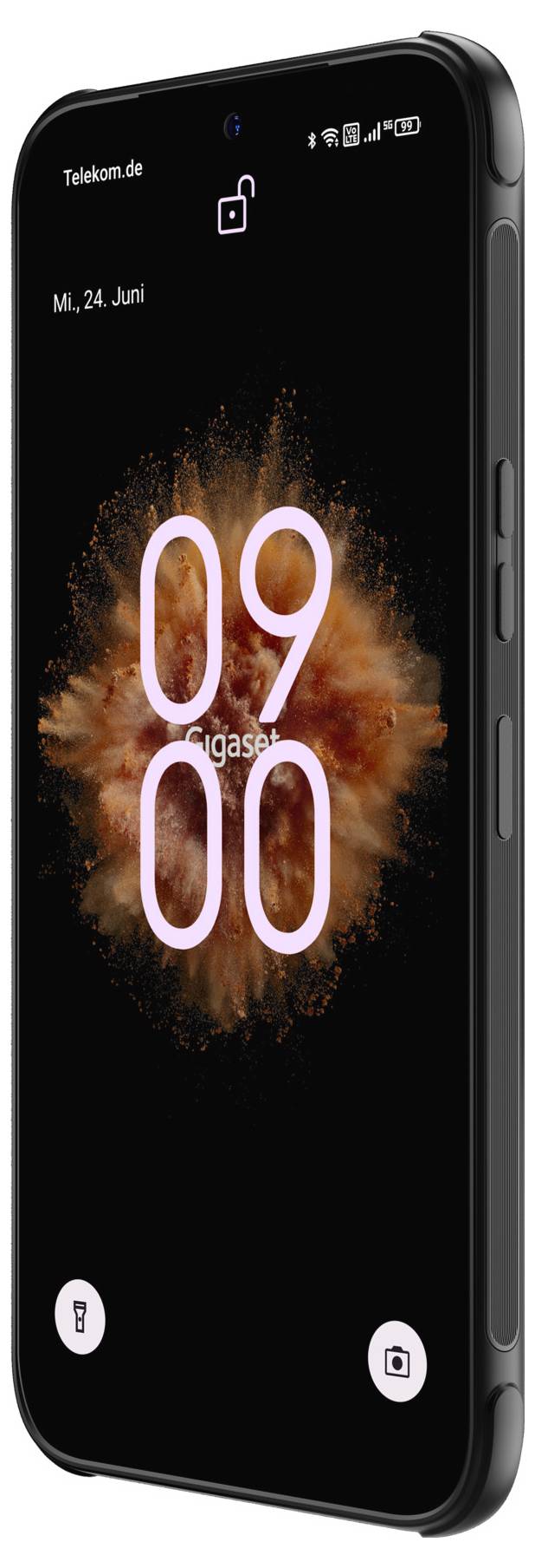 Ein Smartphone-Sperrbildschirm zeigt „09 00" über einem orangefarbenen Strahlenkranz auf schwarzem Hintergrund, mit dem Datum „Mi, 24. Juni" und kleinen Symbolen für Schloss, Taschenlampe und Kamera.