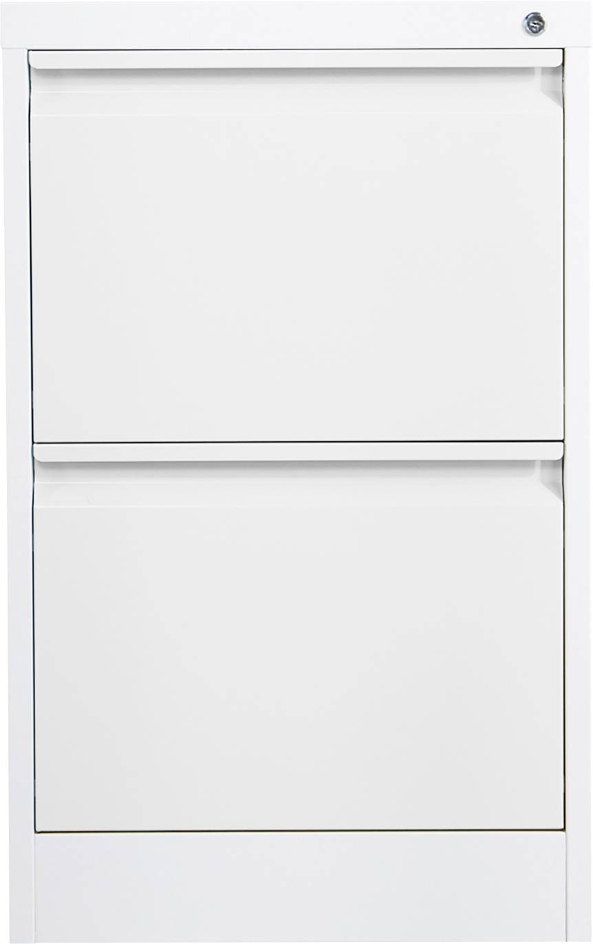 Weißer Aktenschrank mit zwei Schubladen und Schloss auf der oberen Schublade, Vorderansicht.