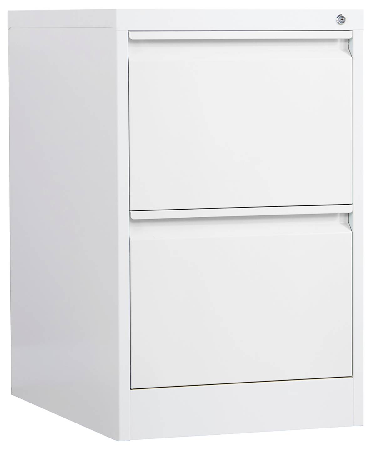 Weißer Aktenschrank mit zwei Schubladen, gezeigt in Front- und Seitenansicht auf neutralem Hintergrund.