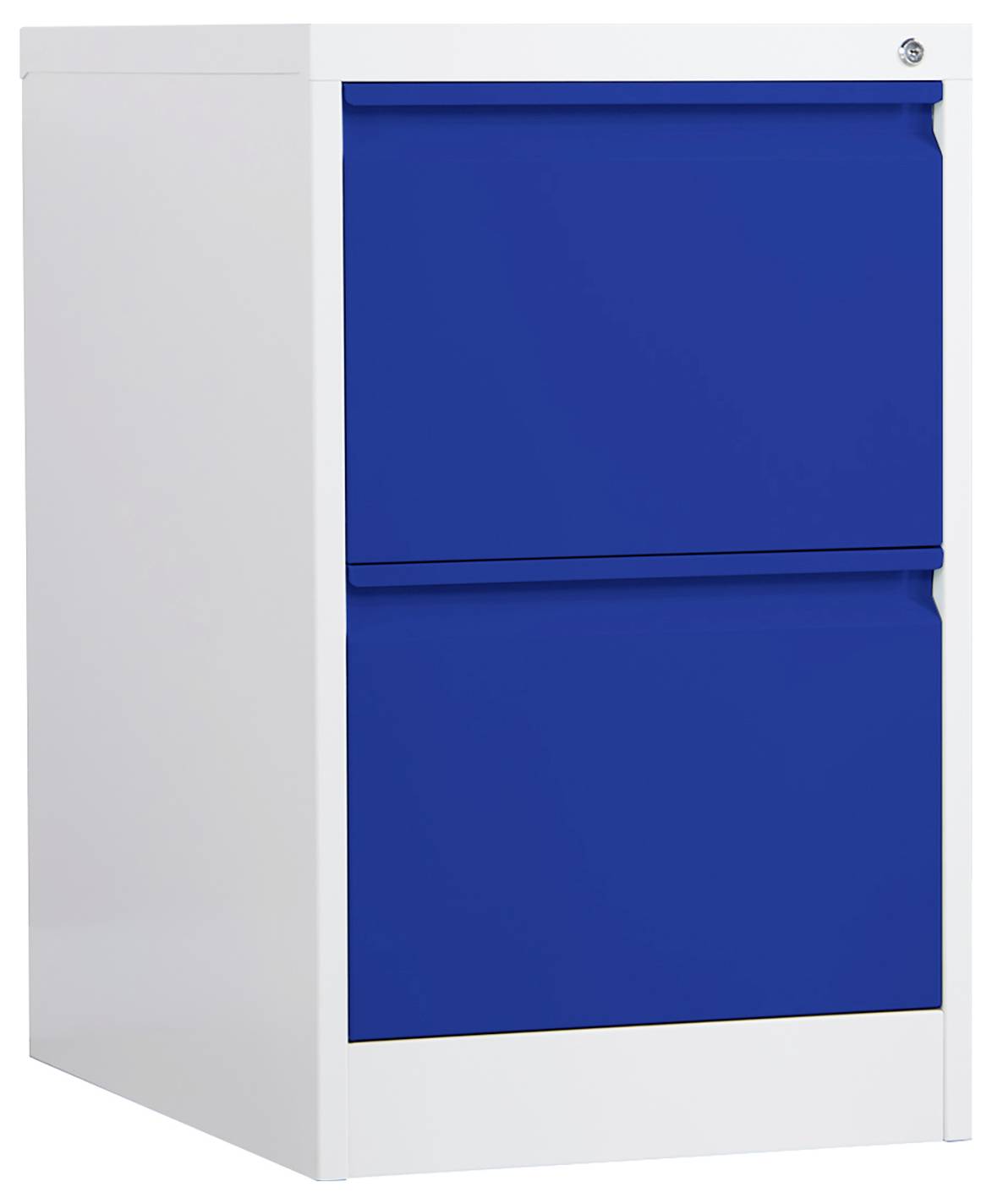 Blauer zweischubladiger Aktenschrank mit weißen Seitenflächen und Oberseite, geschlossen vor neutralem Hintergrund gezeigt.