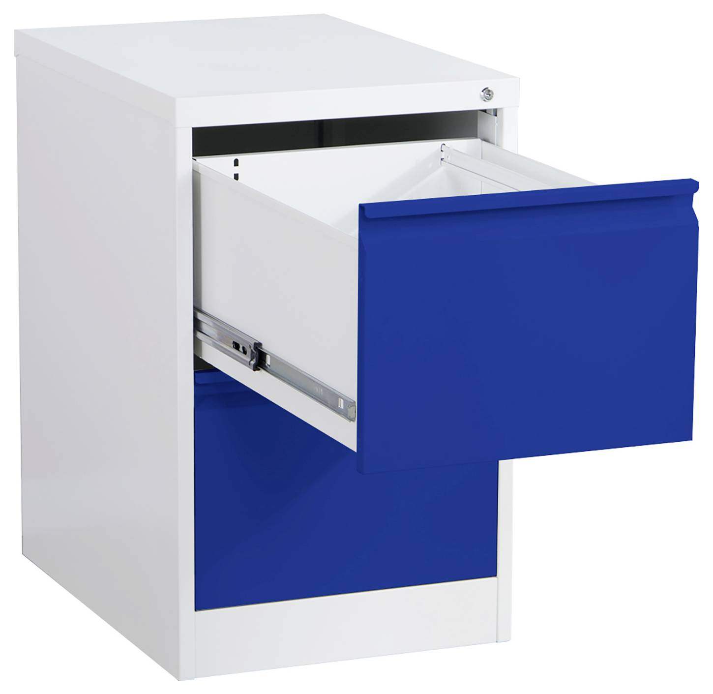 Weiße Aktenschrank mit einer blauen Schublade an der Vorderseite, die herausgezogen ist und die Metallschubladenschienen und das leere Innere zeigt.
