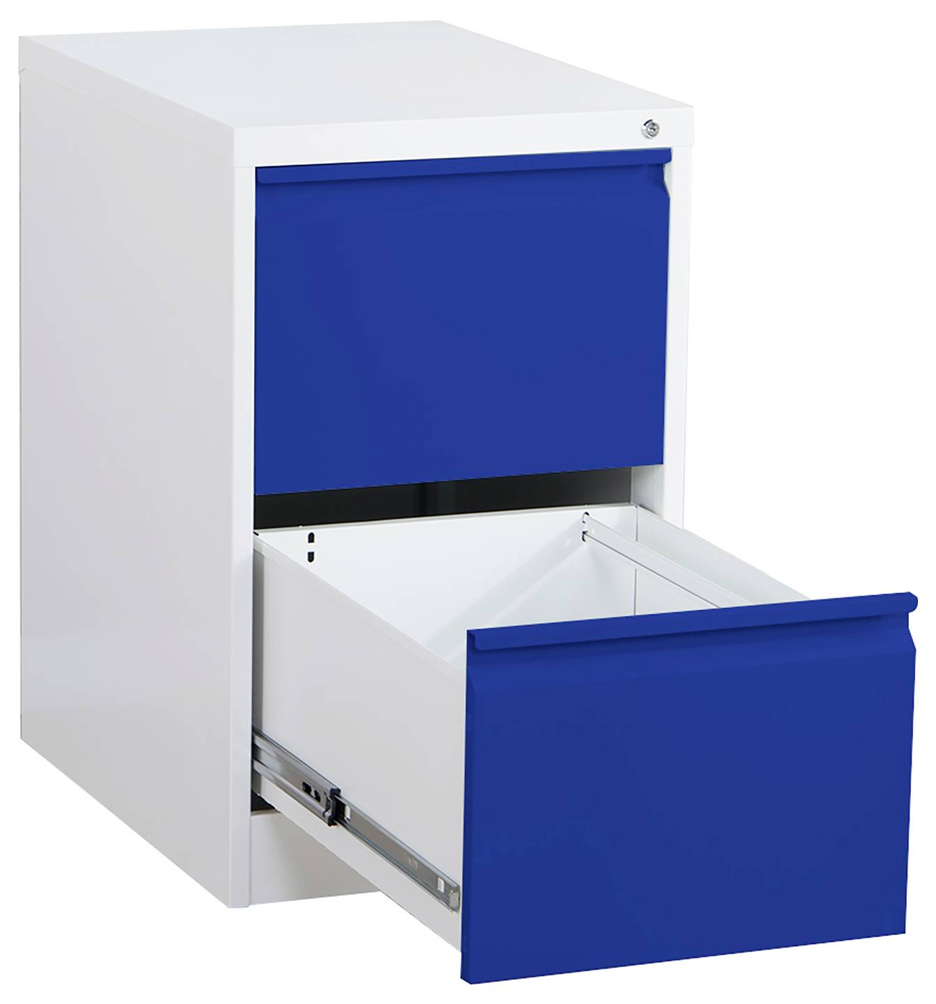 Weiße Aktenschrank mit einer offenen blauen Schublade und einer geschlossenen Schublade darüber.