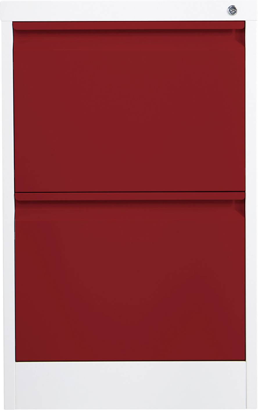 Rotes wandmontiertes Feuerlöscherschrank mit zwei Schwingtüren auf weißem Hintergrund.