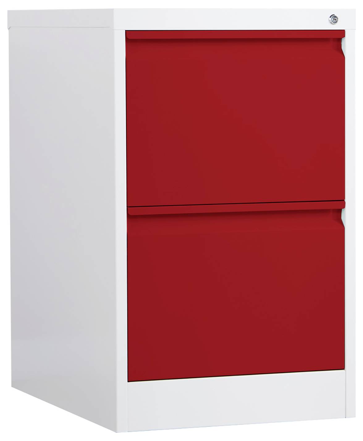Aktenschrank mit roter Vorderseite, zwei Schubladen und einem weißen Seitenpanel, vor einem einfachen Hintergrund gezeigt.