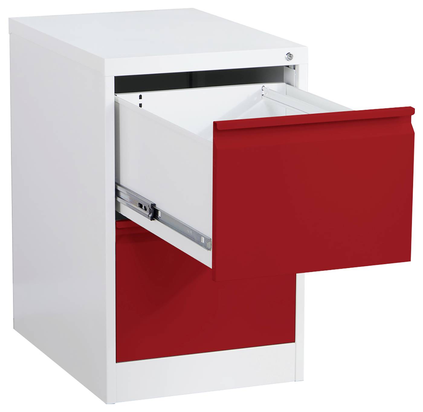 Weißer Aktenschrank mit einer roten vorderen Schublade, die teilweise offen ist und ein leeres Inneres zeigt.