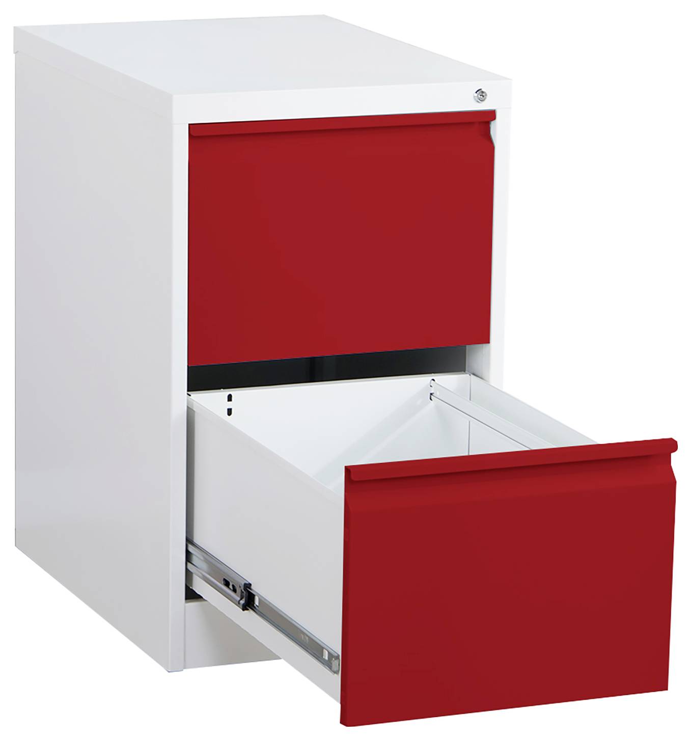 Weißer Aktenschrank mit einer offenen roten Schublade, die das leere Schubladeninnere und die Metallschienen zeigt.
