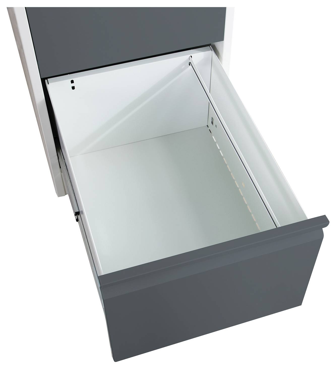 Leere Metalschublade in einem Schrank, teilweise herausgezogen gezeigt.