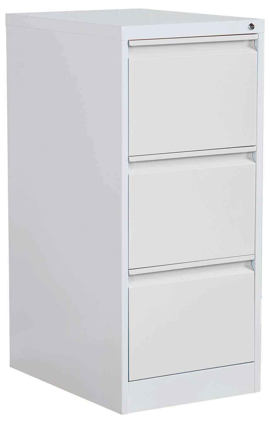 Weiß dreischubiger Metallaktenschrank, gezeigt in einer schlichten Studioaufnahme.