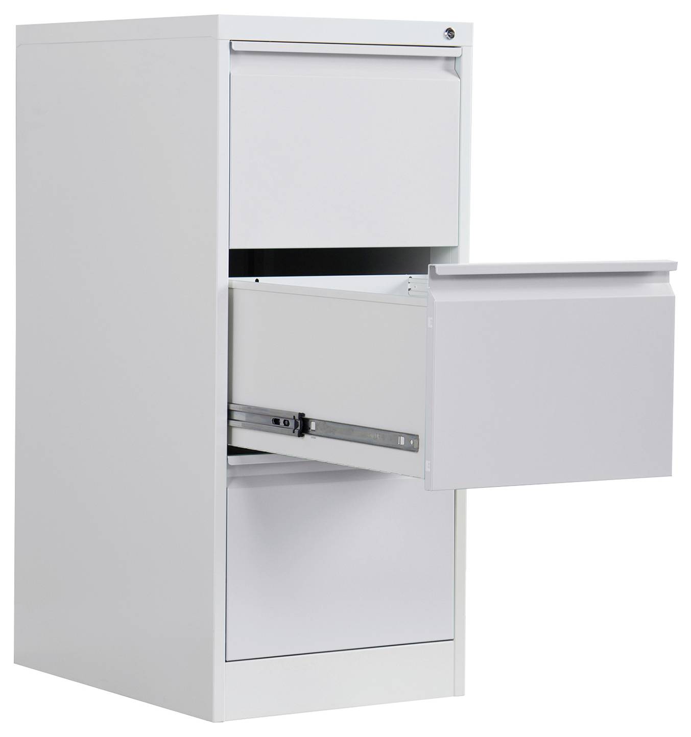 Weißer Metallaktenschrank mit einer geöffneten Schublade, gezeigt vor einem einfachen Hintergrund.