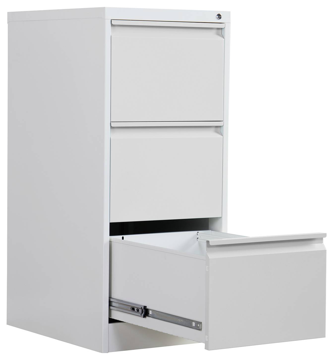 Weißer Aktenschrank mit vier Schubladen mit geöffneter unterer Schublade.