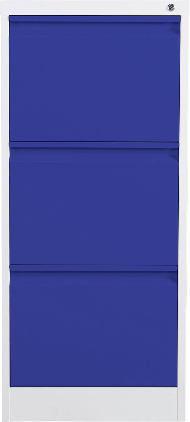 Blauer dreiteiliger Aktenschrank vor weißem Hintergrund, Frontansicht.