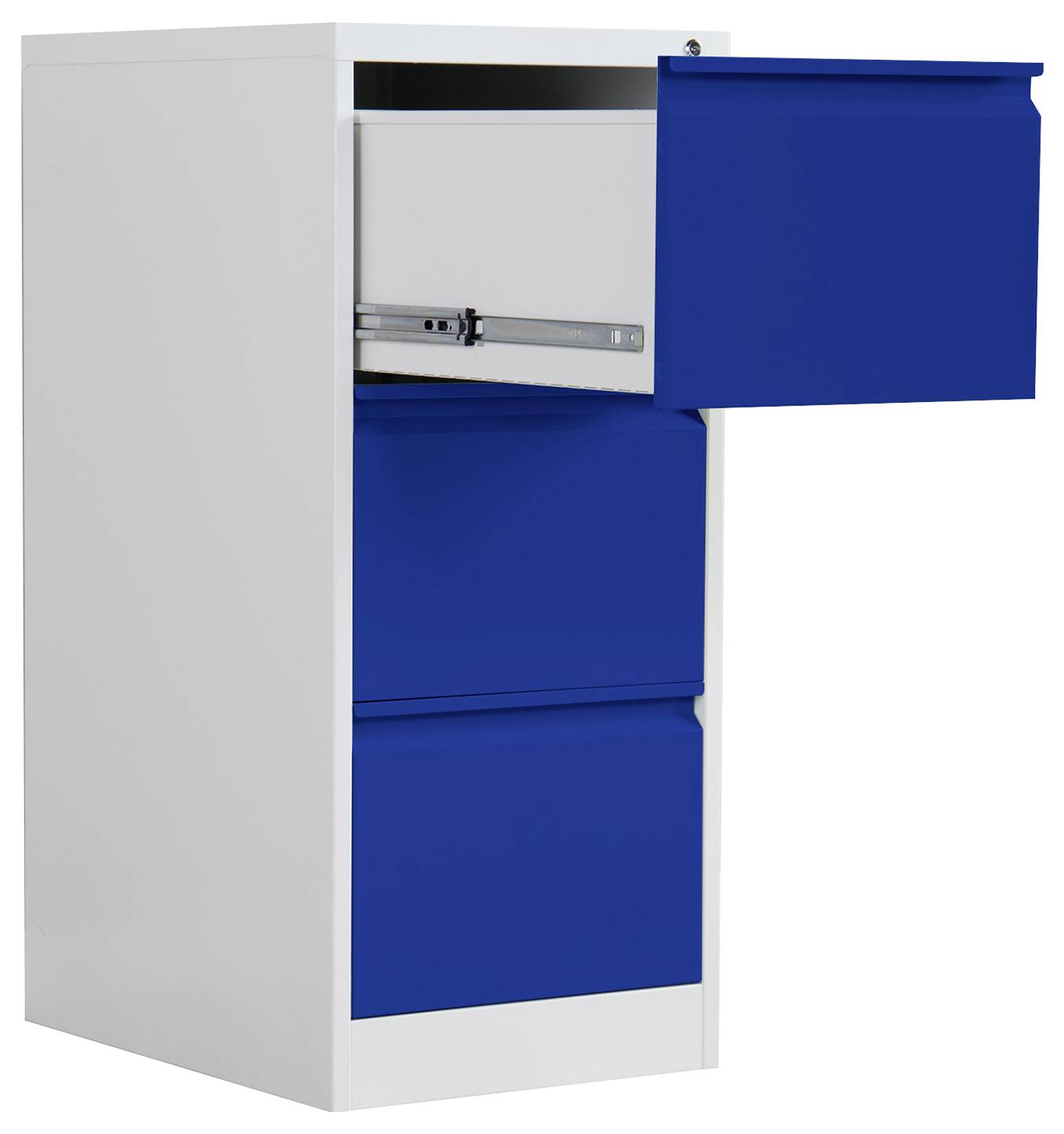 Weißer Aktenschrank mit drei blauen Schubladen, obere Schublade offen mit sichtbaren Metallschienen.
