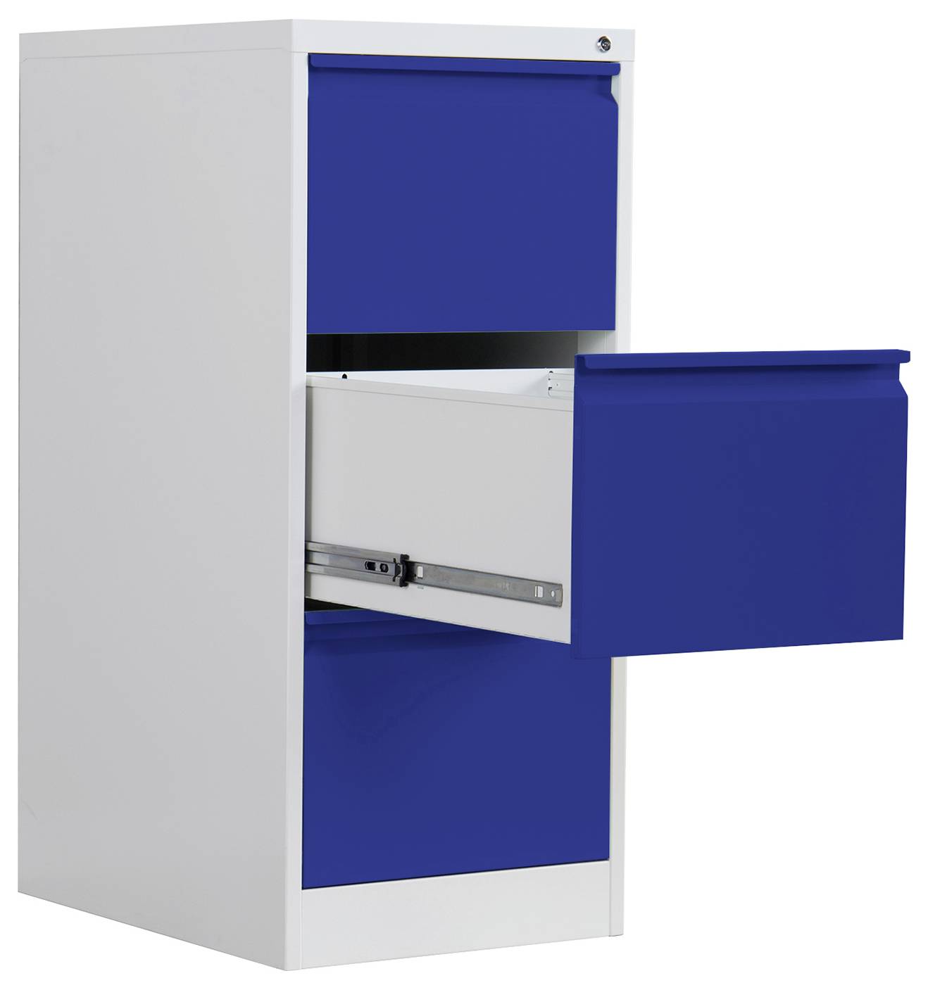Bluer Metall-Aktenschrank mit einer geöffneten Schublade, die das weiße Innere zeigt und gestapelte Schubladen.
