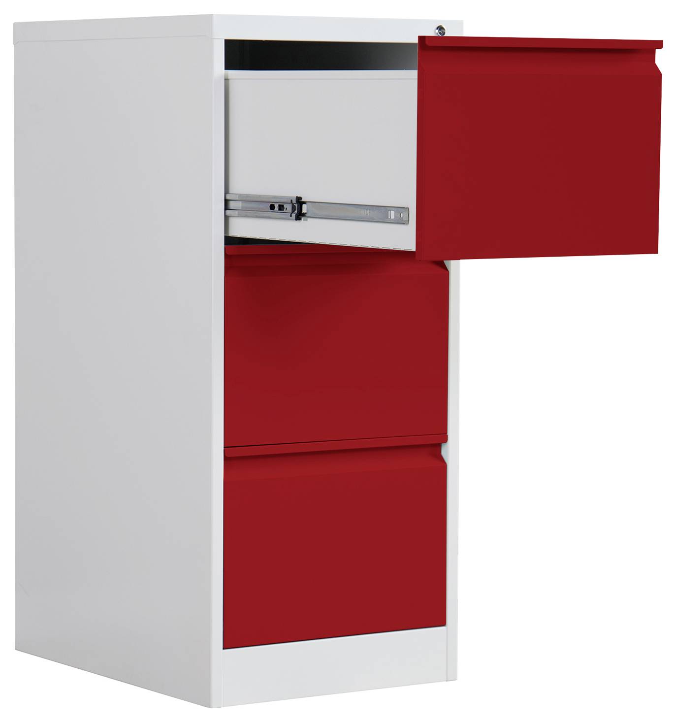 Weißer Schrank mit drei glänzend roten Schubladen, eine Schublade geöffnet, um einen Metallschiebemechanismus zu zeigen.