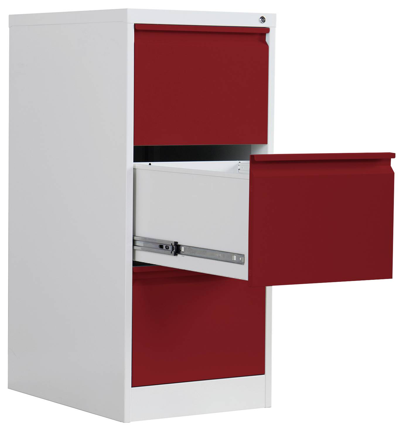 Weißer Aktenschrank mit roten Schubladen, eine mittlere Schublade offen gezogen.