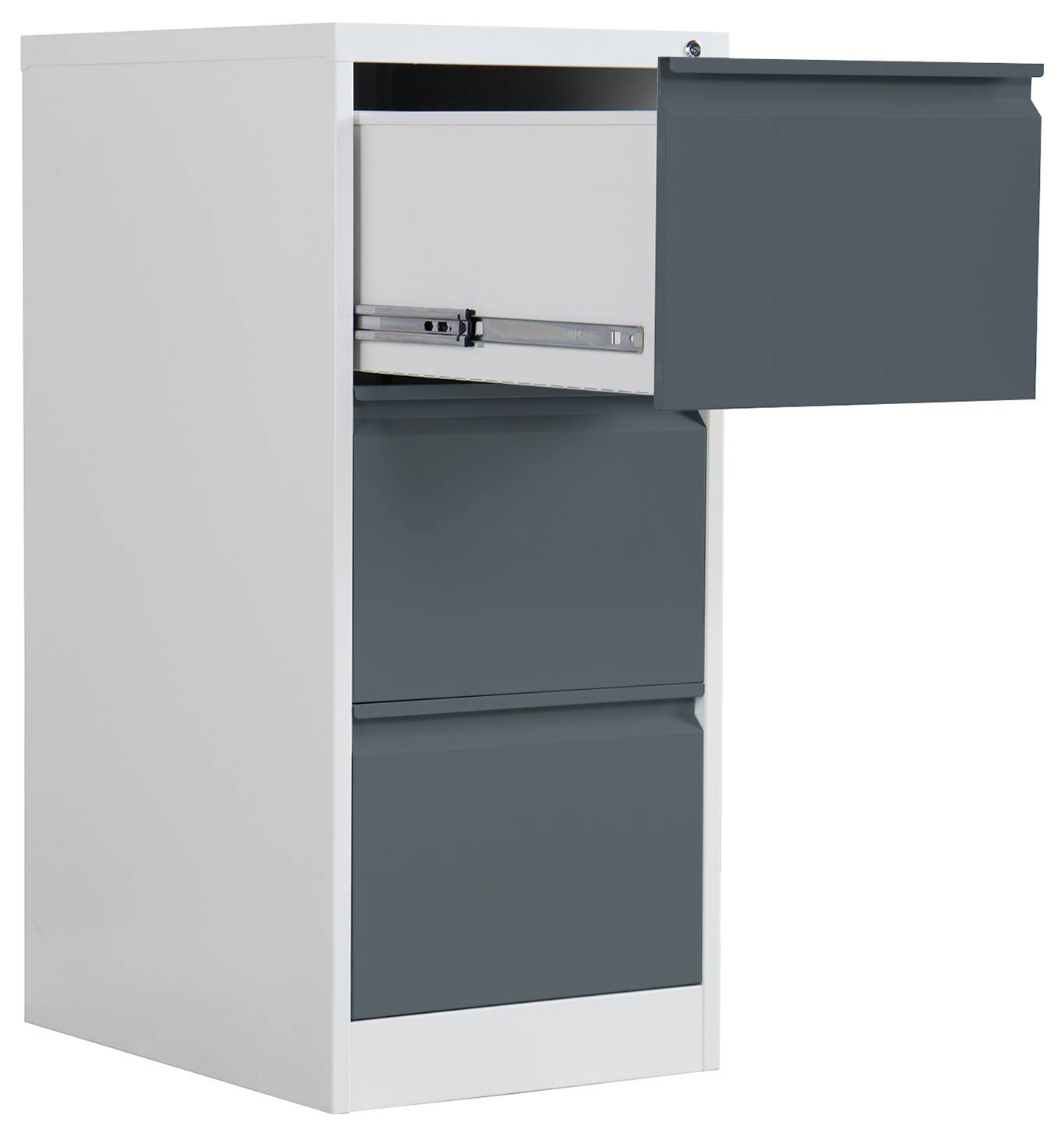 Weiße Aktenschrank mit drei grauen Schubladen, obere Schublade geöffnet und zeigt Metallschienen sowie einen leeren Innenraum.