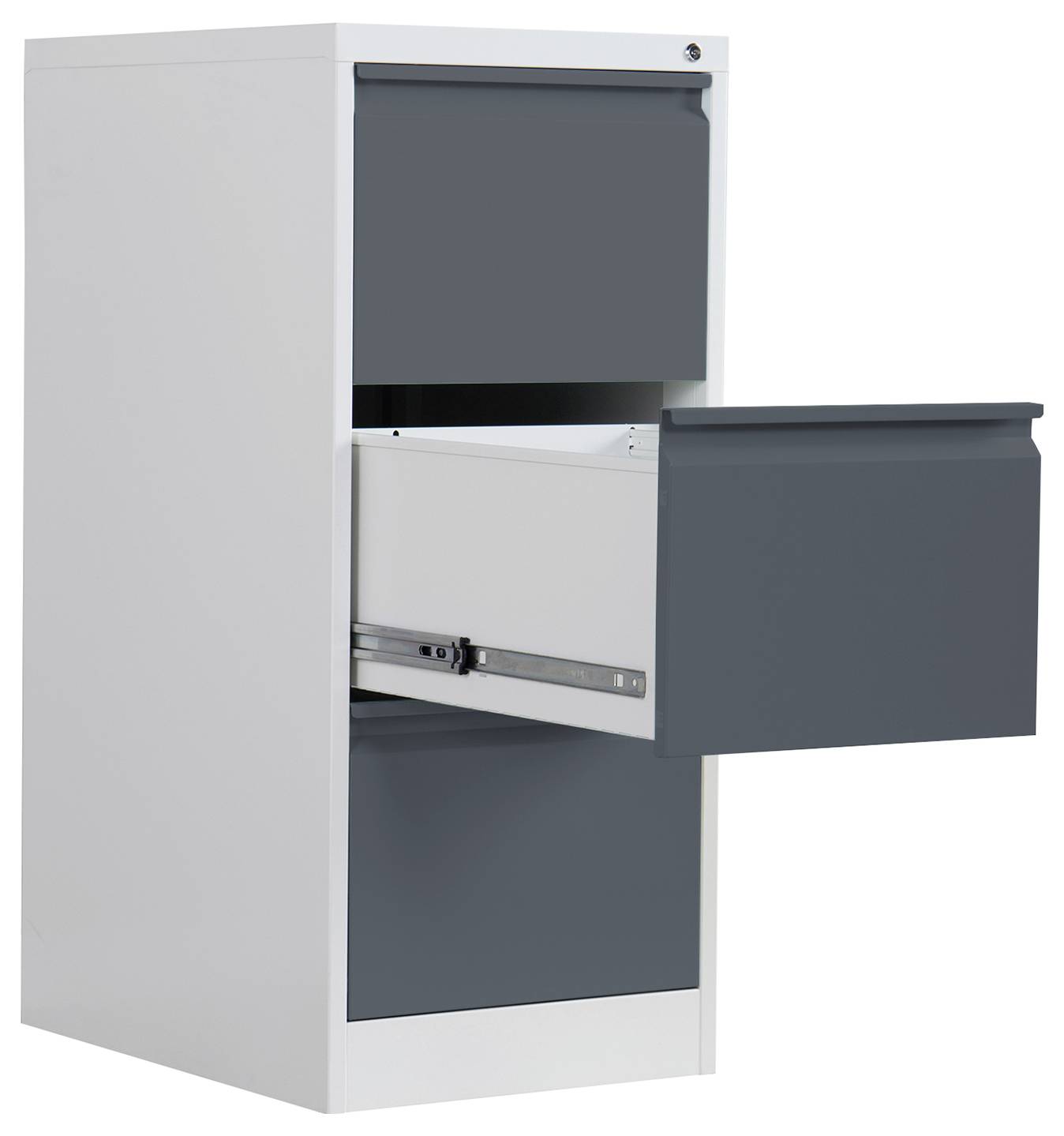 Offener Aktenschrank mit einer dunkelgrauen Schublade ausgefahren, zeigt eine Metallschubladenschiene und zwei zusätzliche geschlossene Schubladen.