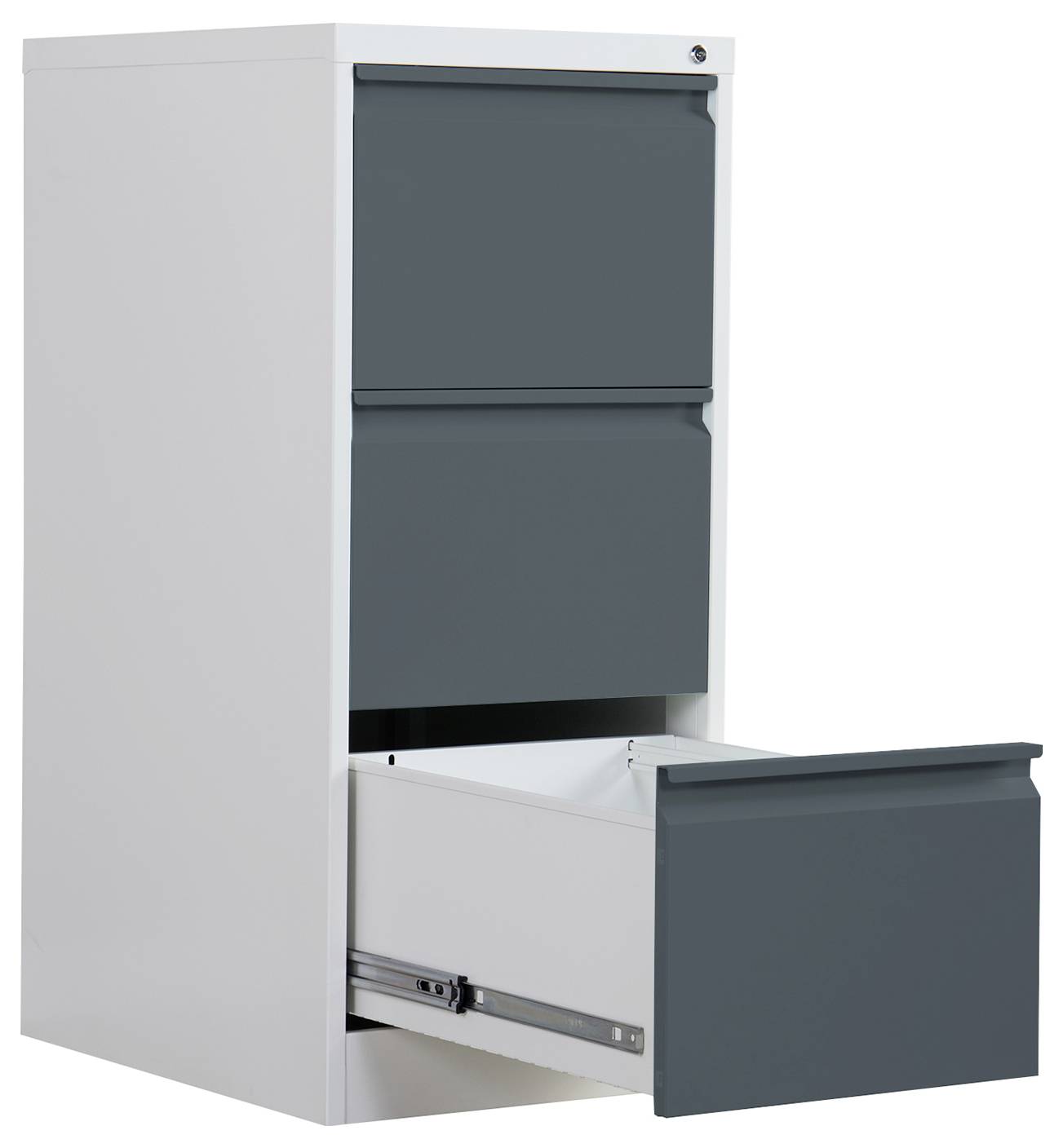 Weißer Aktenschrank mit zwei geschlossenen Schubladen und einer offenen unteren Schublade, die nach außen hervorsticht.