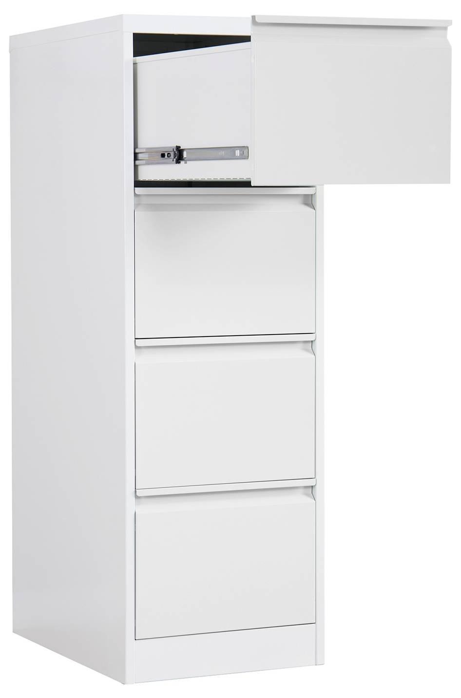 Weißer Aktenschrank mit vier Schubladen, wobei die obere Schublade offen ist und die Metallschienen zeigt.