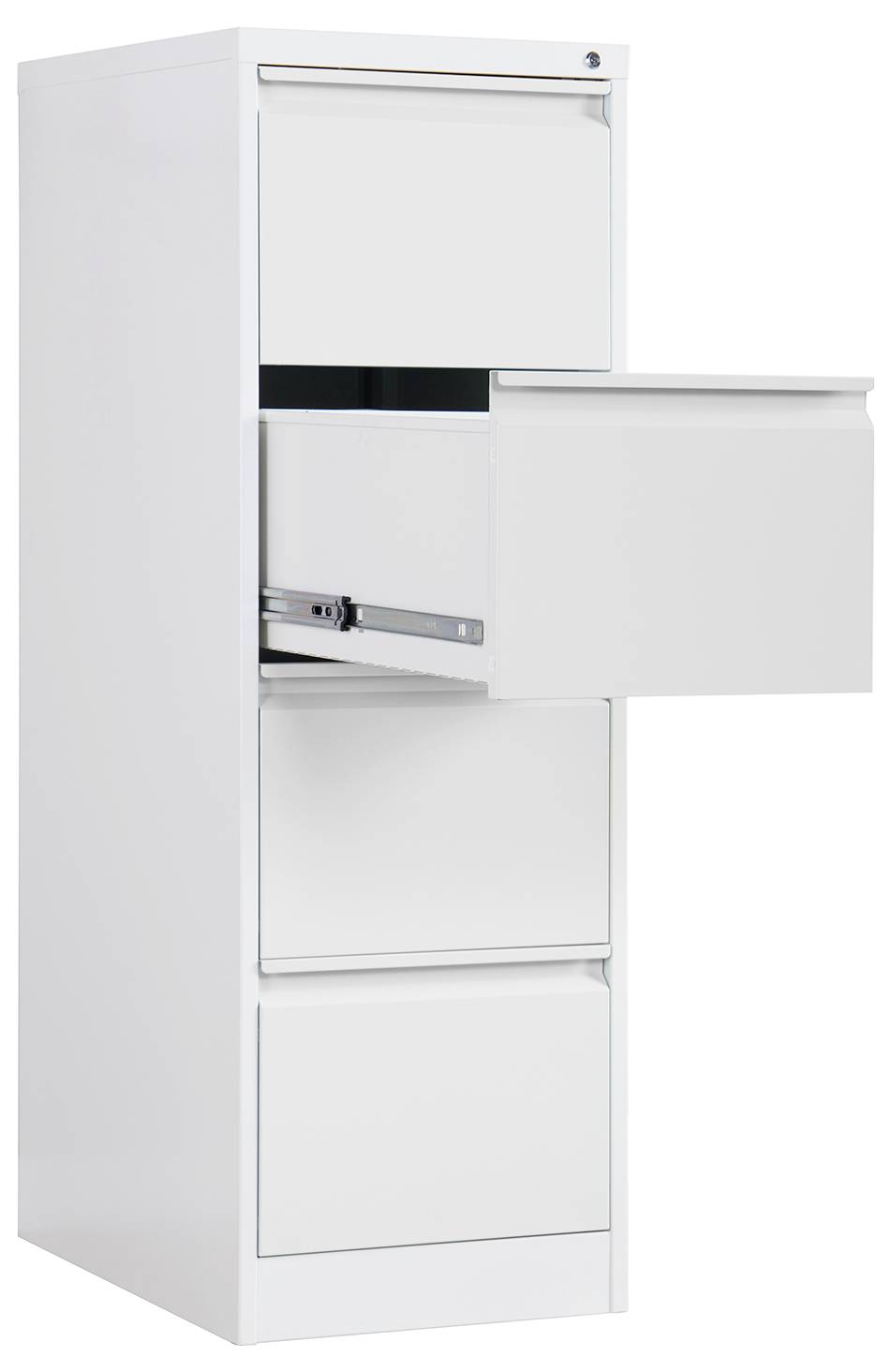 Weißer Vier-Schubladen-Aktenschrank mit teilweise offener zweiter Schublade, dargestellt vor einfachem Hintergrund.