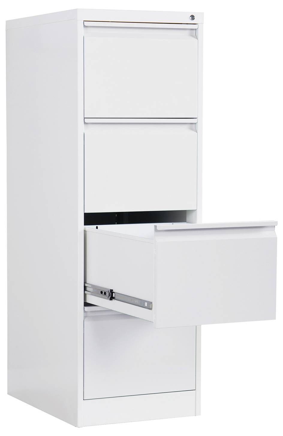 Weißer Aktenschrank mit vier Schubladen, wobei eine untere Schublade geöffnet ist, auf weißem Hintergrund dargestellt.
