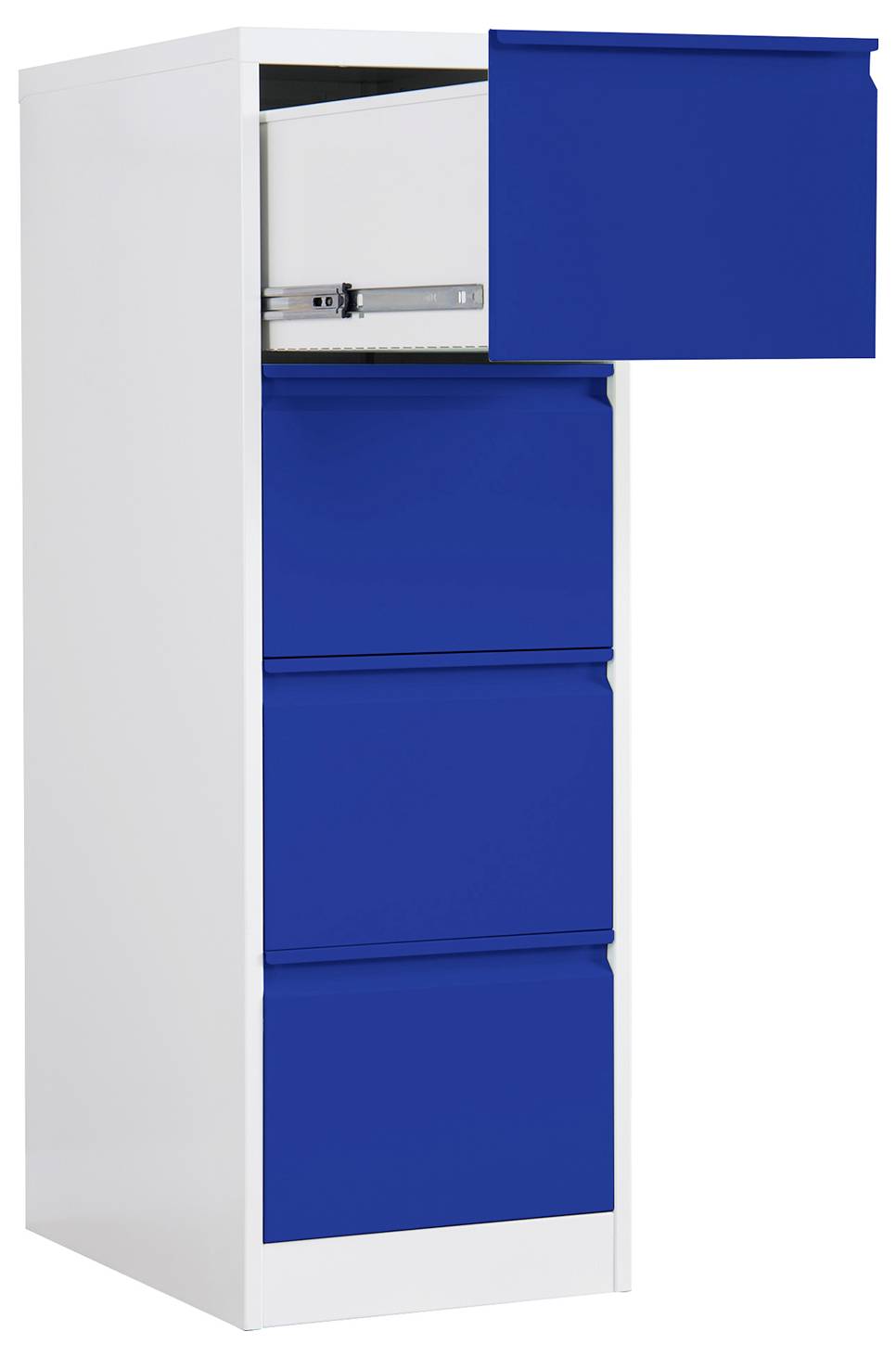 Blau-weißer Aktenschrank mit geöffneter oberster Schublade, die ein leeres Inneres und Metallschienen zeigt.