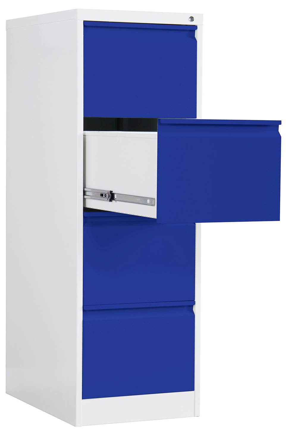 Blauer und weißer Aktenschrank mit einer offenen Schublade, die eine Metallschiene und weiße Innenausstattung zeigt.