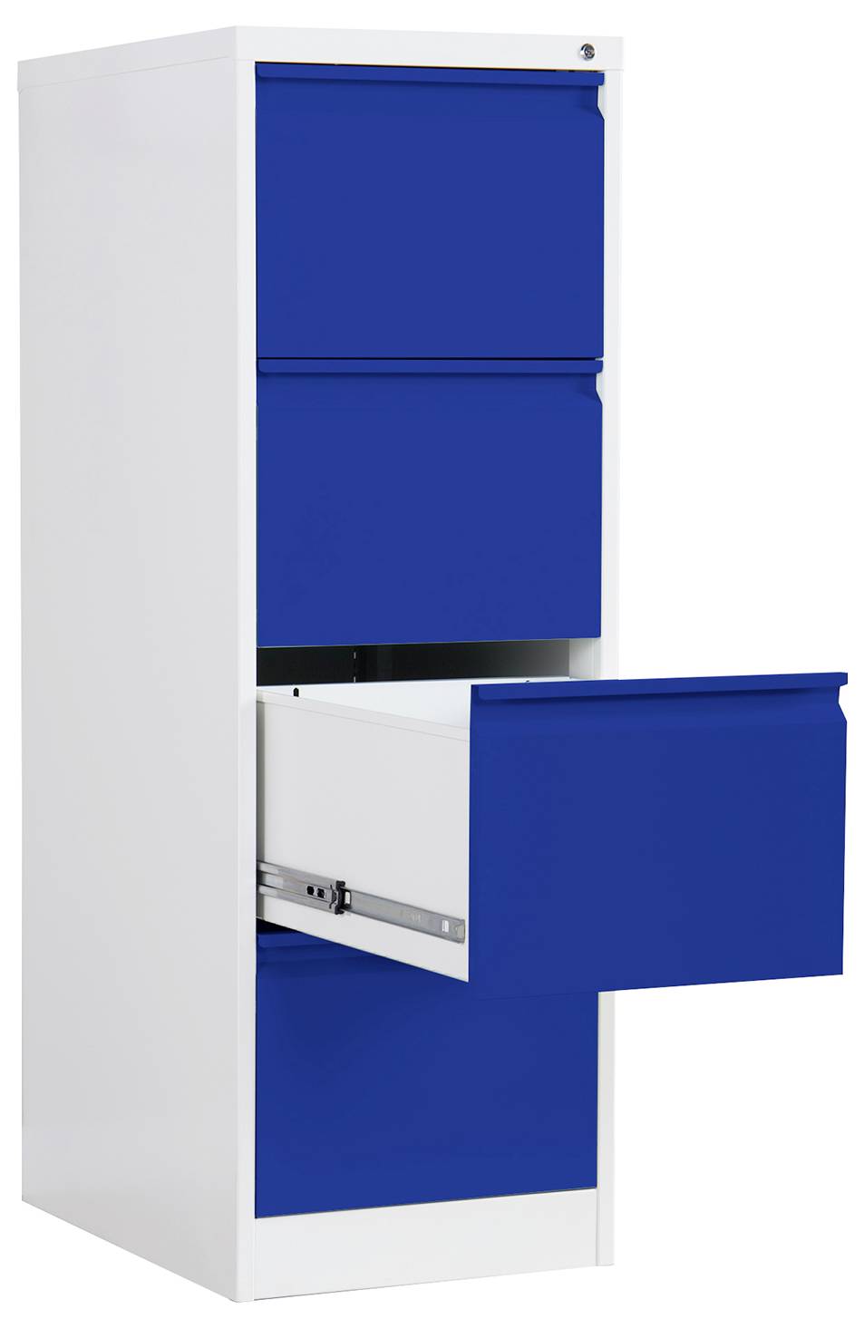 Weißer Aktenschrank mit blauen Schubladen, eine untere Schublade ist geöffnet.