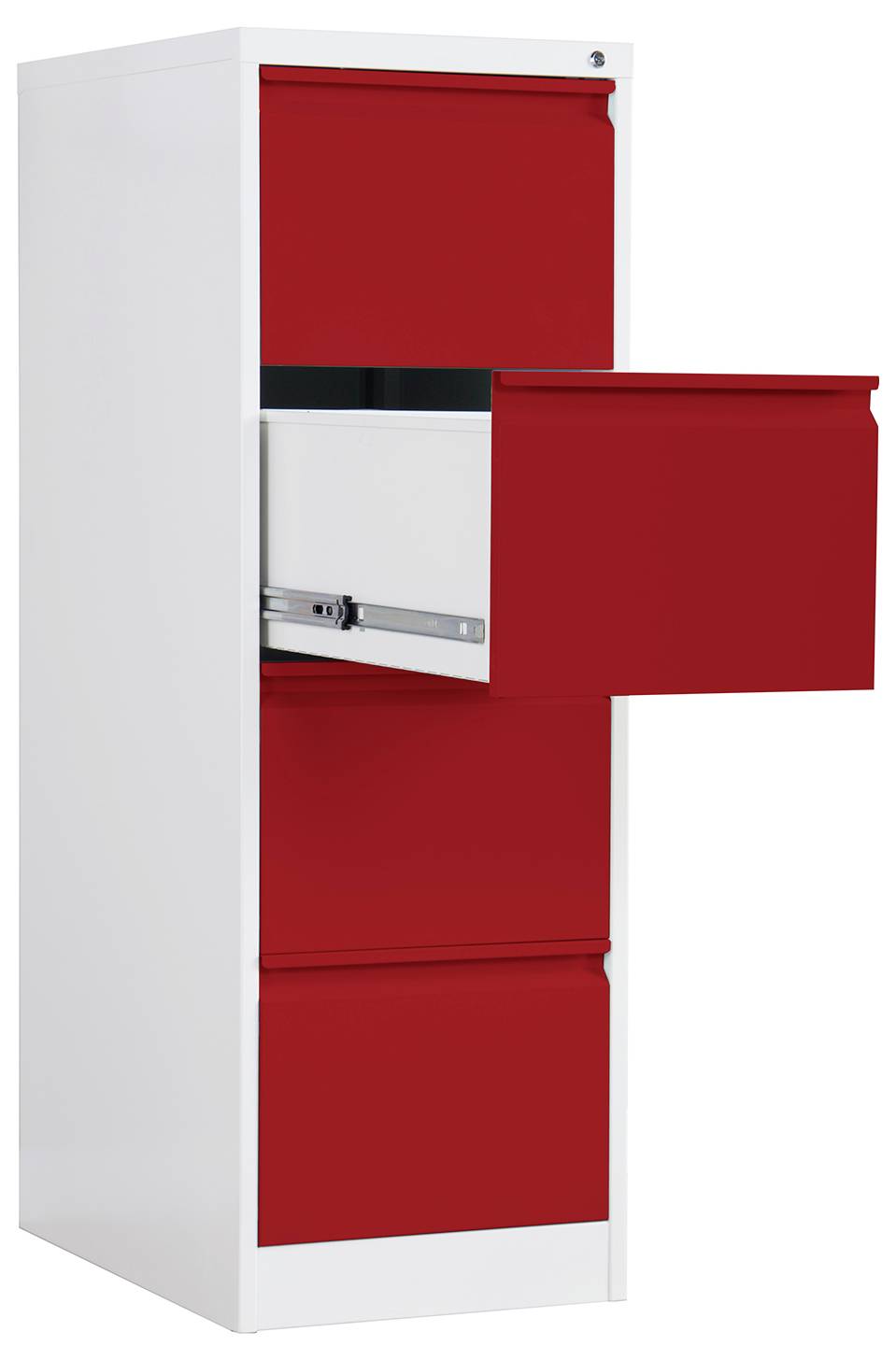 Rotes vertikales Aktenschrank mit einer offenen Schublade, die ein weißes Inneres und Metallschienen zeigt.