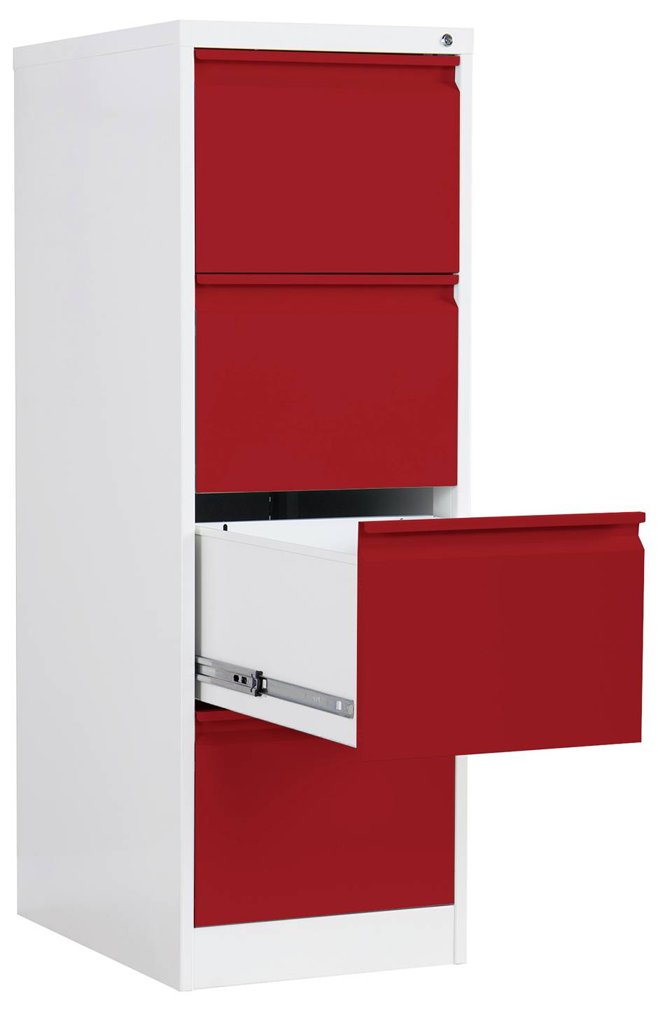 Weißer Aktenschrank mit roten Schubladenfronten, eine untere Schublade ist offen und zeigt das leere Metallinnere der Schublade.
