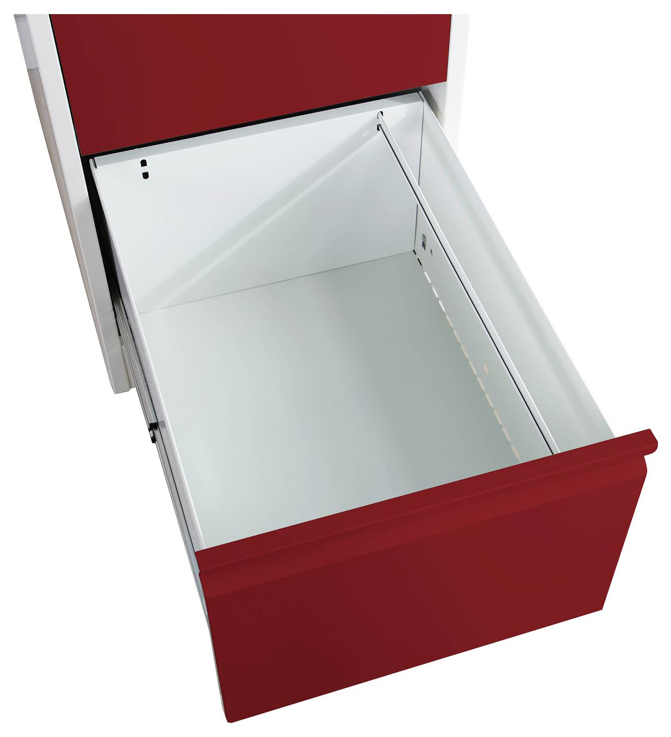 Offene leere rote Metallfach herausgezogen aus einem Schrank.