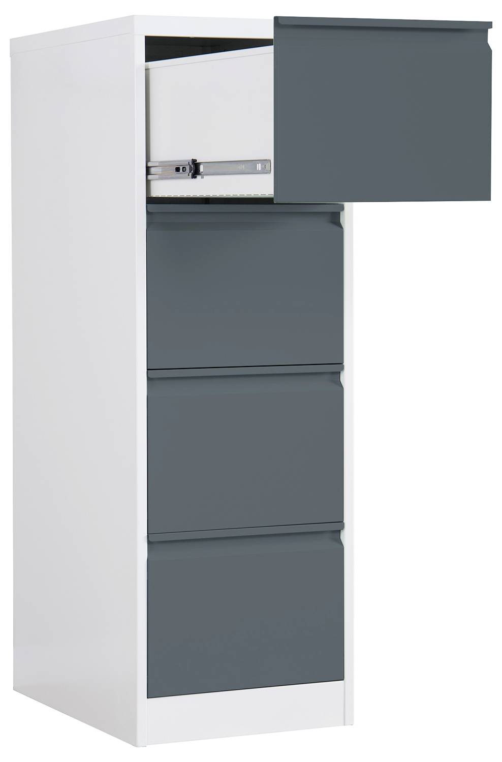 Ein weißer Aktenschrank mit vier Schubladen, wobei die obere Schublade offen ist und eine metallene Hängeregistratur zeigt.