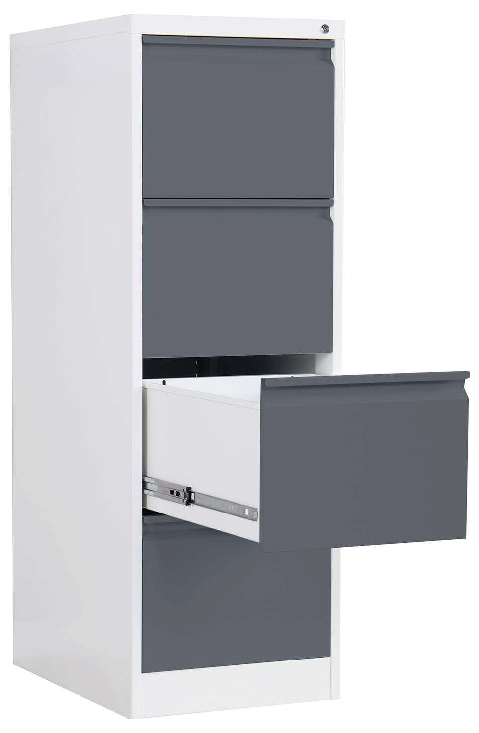Grauer und weißer Aktenschrank mit geöffneter unterer Schublade, die eine Metallschiene und ein leeres weißes Inneres zeigt.
