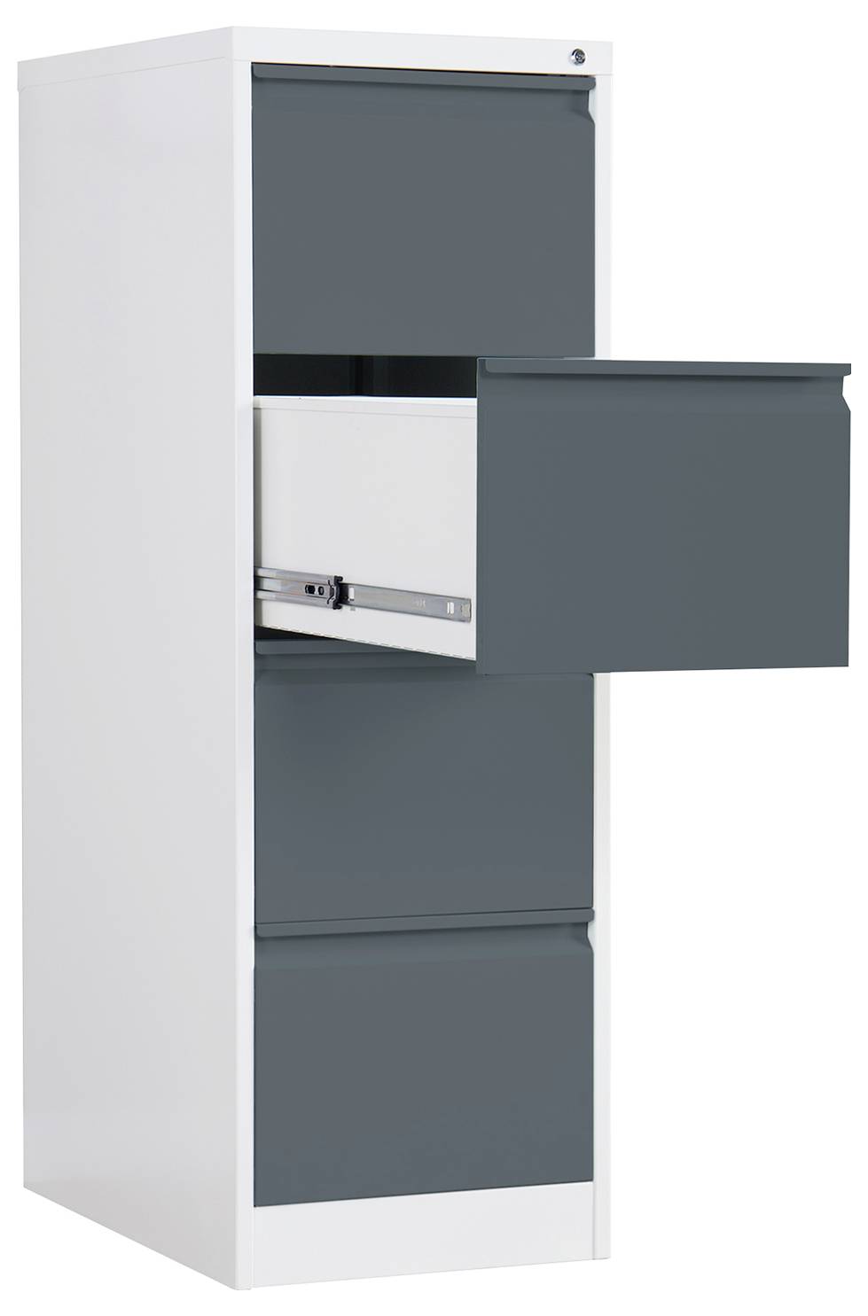 Grauer und weißer 4-Schublade-Aktenbehalter mit einer offenen Schublade, die eine Metallschubladenführung zeigt.