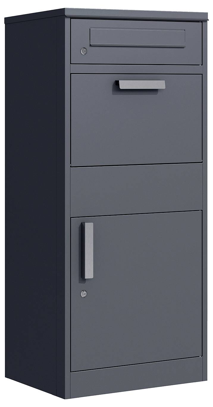 Dunkelgraues Außenpostfach oder Paketschrank mit oberem Briefschlitz, mittlerem Griff und unterer abschließbarer Tür.