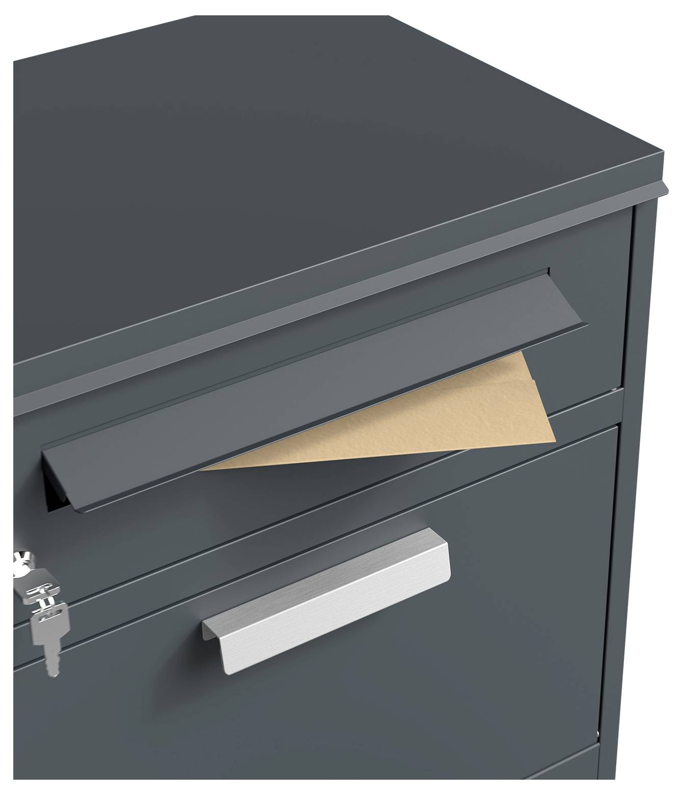 Dunkelgraues Aktenschrank mit teilweise offenem Briefschlitz und sichtbarem Schubladengriff mit Schloss.