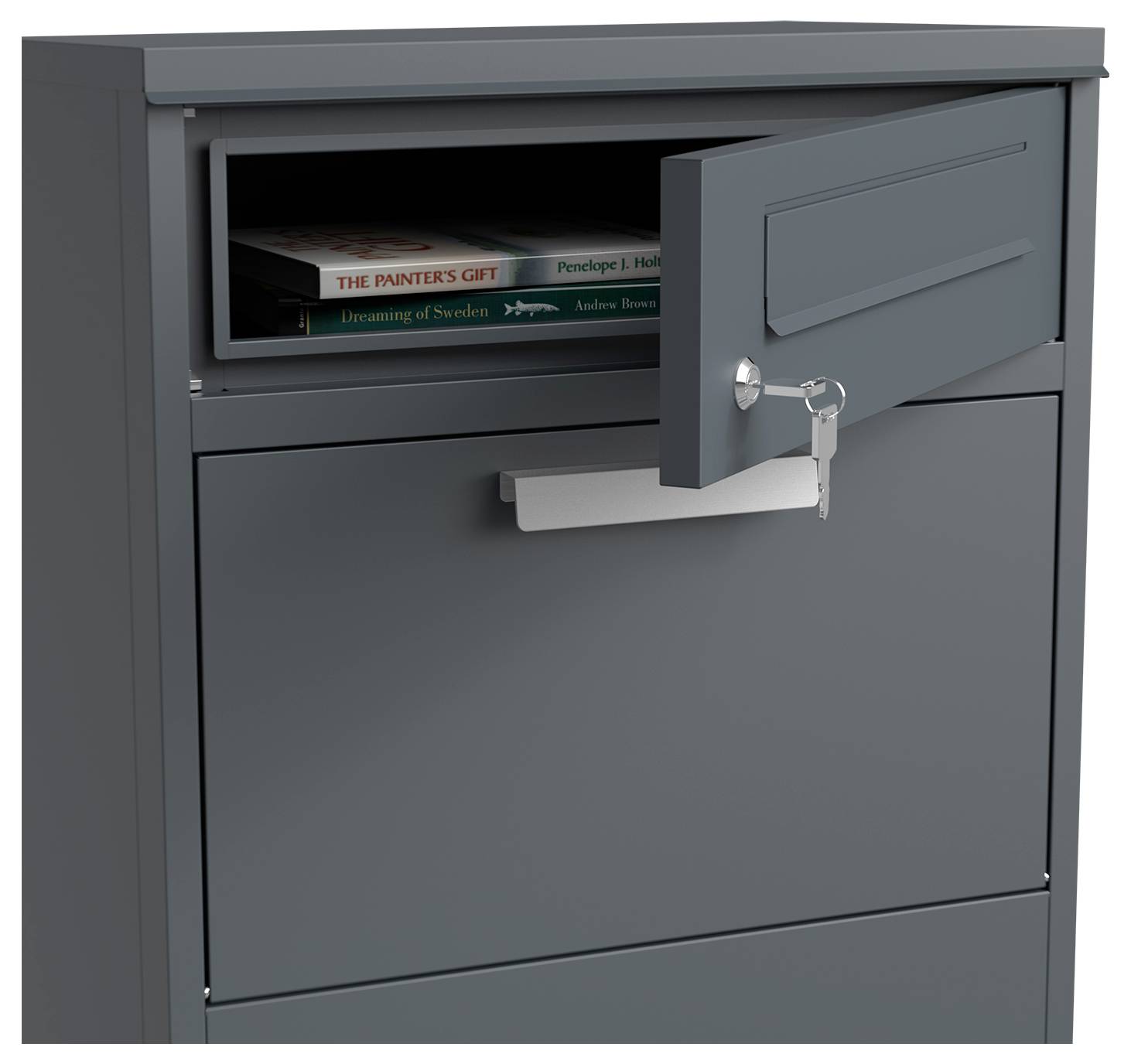 Grauer Metallbriefkasten mit offener Tür und Schlüssel im Schloss, das Bücher im Briefschlitz zeigt.