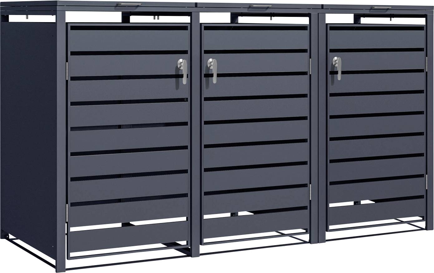 Dreiteiliges dunkelgraues Metalllagerschrank mit horizontalen Lamellen und Riegelverschlüssen, Vorderansicht auf weißem Hintergrund.