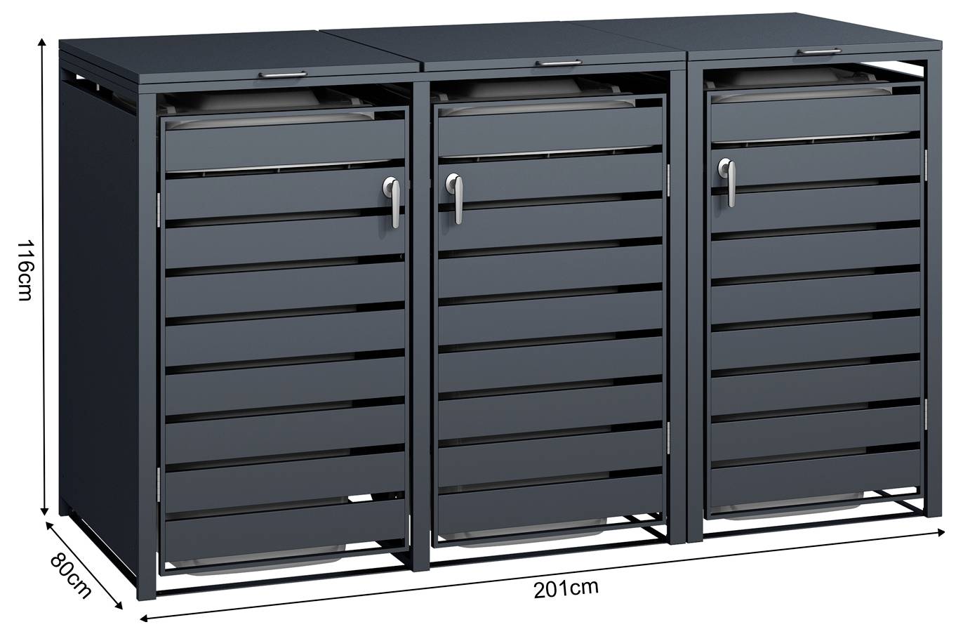 Dreiteiliger Metalllagerschrank mit frontalen Lamellentüren und Griffen, dargestellt mit Abmessungen von 201 cm Breite, 116 cm Höhe und 80 cm Tiefe.