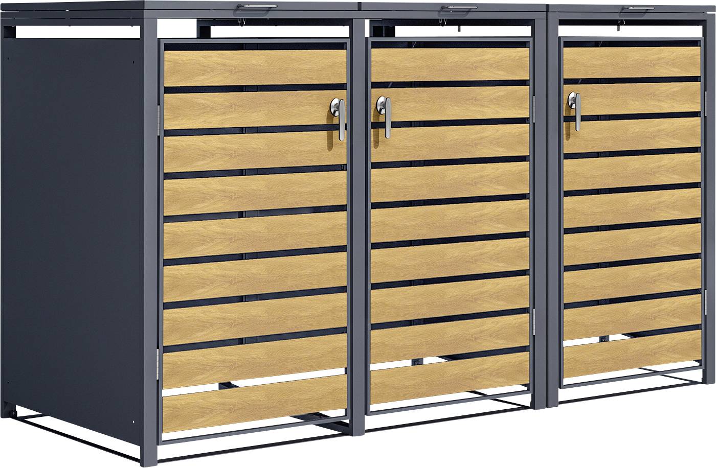 Moderner dreiteiliger Außenlagerschrank mit Holzlattenfrontpaneelen und dunkelgrauem Metallrahmen, dargestellt mit geschlossenen Türen.