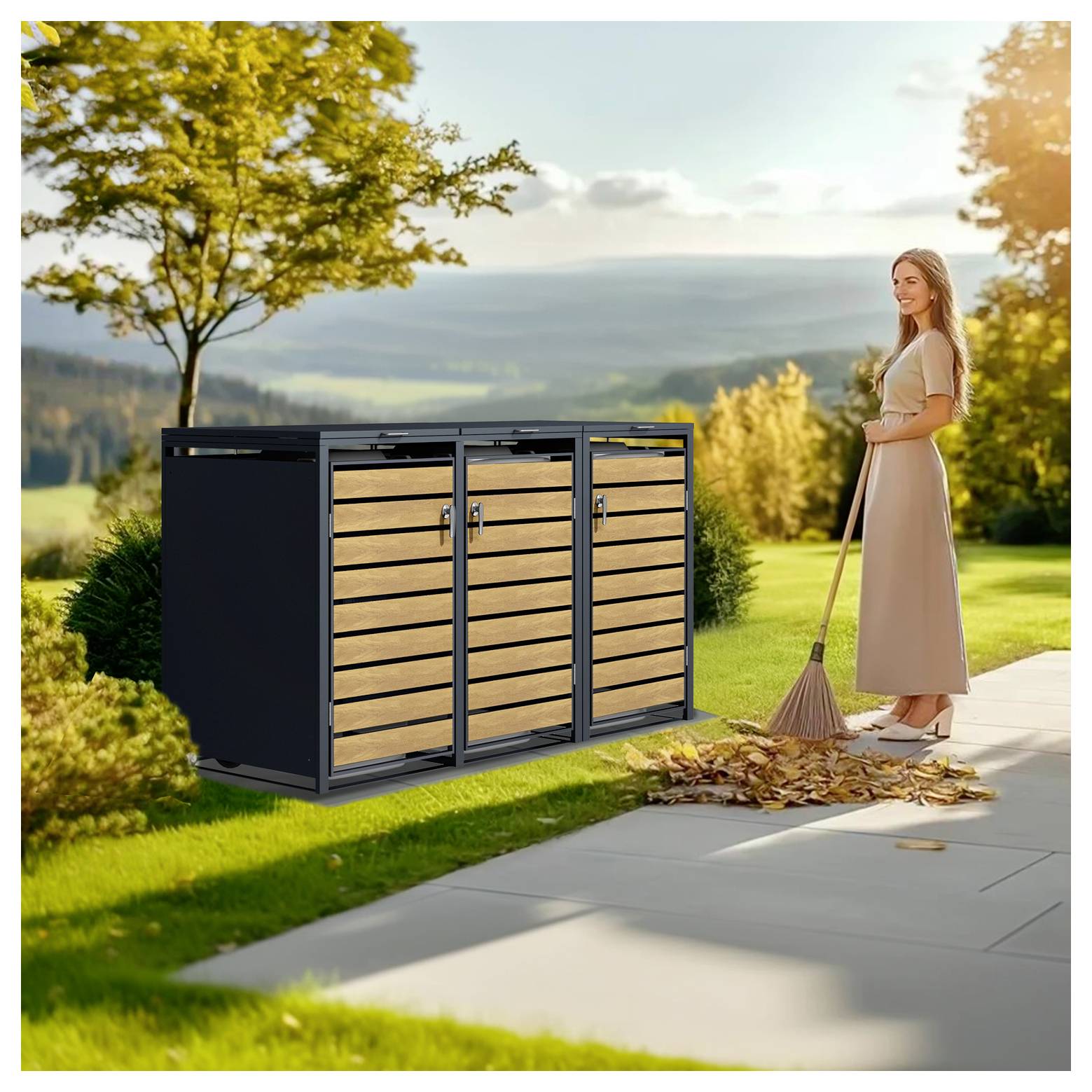 Frau, die Blätter neben einem modernen Außenlagergehäuse mit Holzlattenflügeln in einem sonnigen Garten fegt.