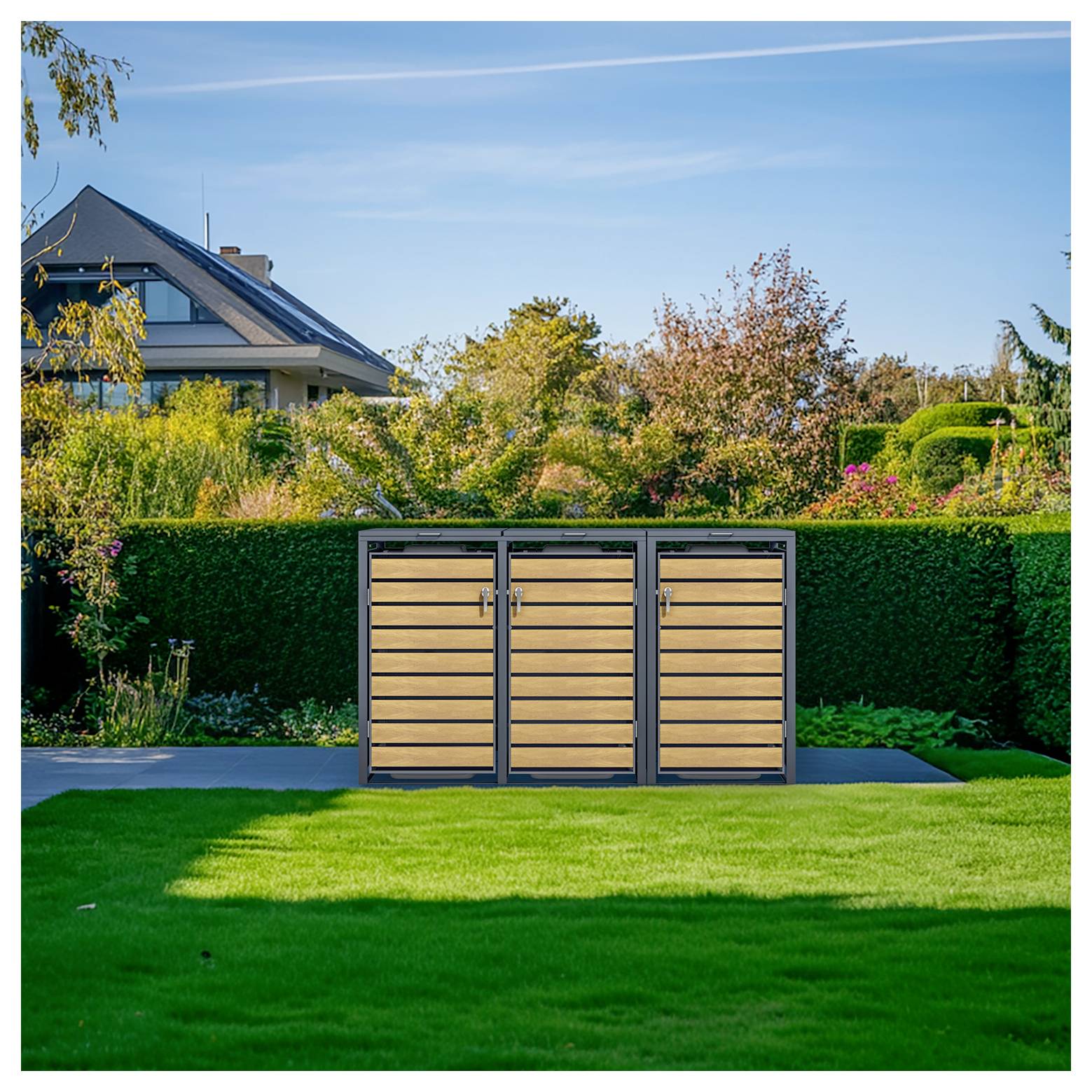 Holzgartenhaus auf einer Rasenfläche in einem angelegten Garten mit Hecken, Bäumen und einem Haus im Hintergrund.