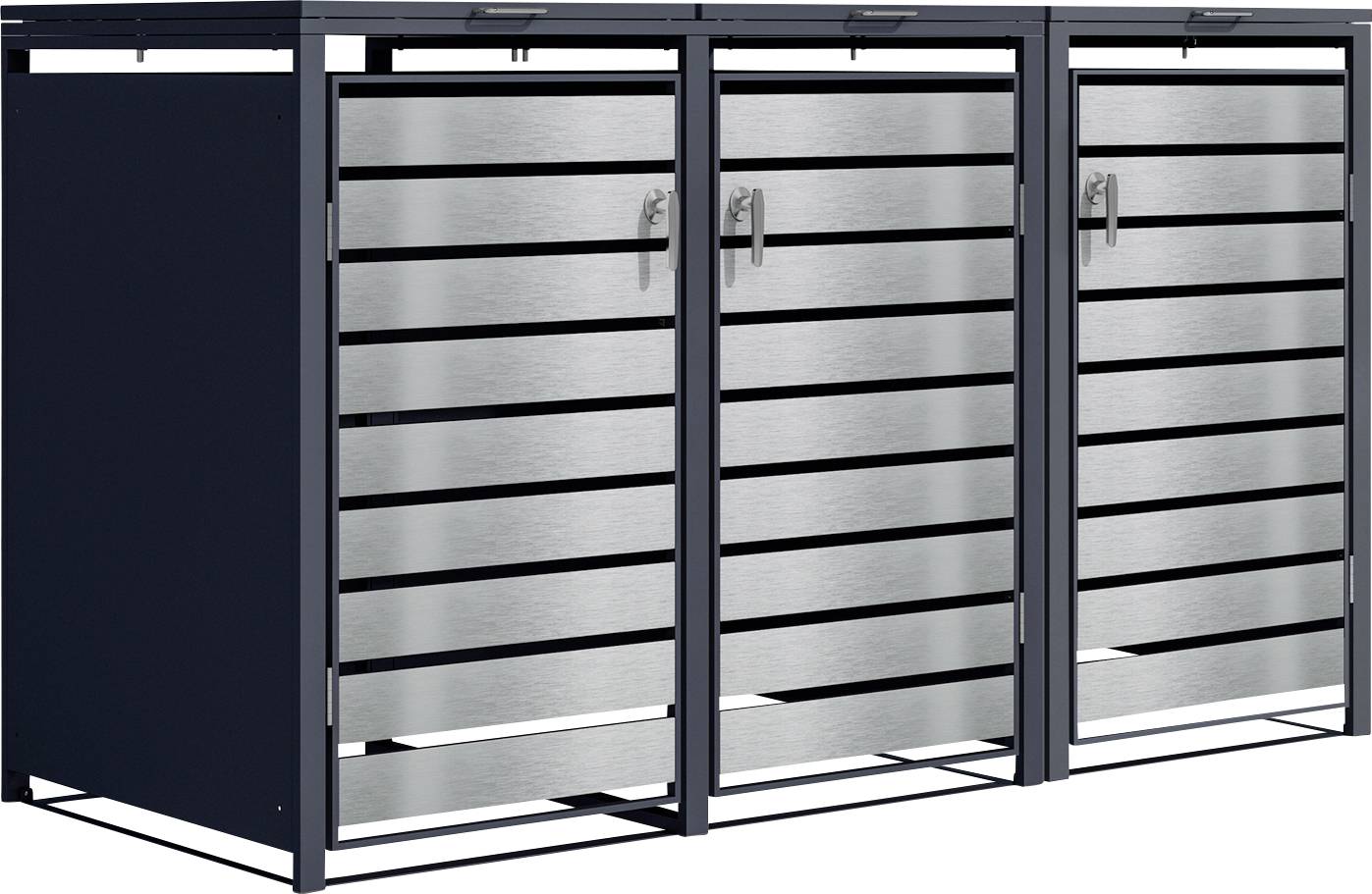 Dunkles Metallsicherheitstor mit drei silbernen horizontalen Paneeltüren und Griffen, in einer Seitenansicht auf weißem Hintergrund dargestellt.
