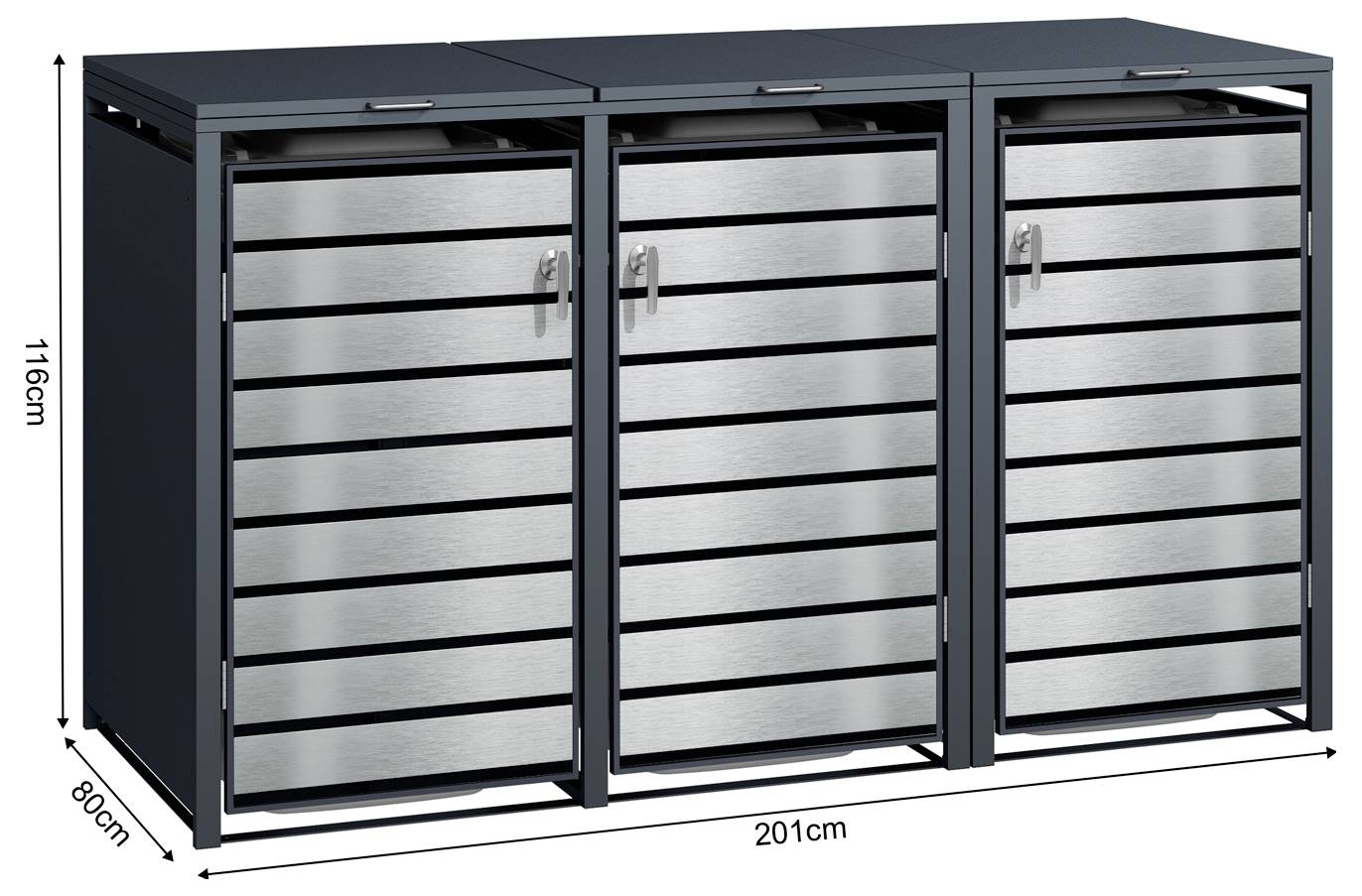 Dreitüriger Metalllagerschrank mit lamellierter silberfarbener Vorderseite, mit den Maßangaben 201 cm breit, 80 cm tief und 116 cm hoch.