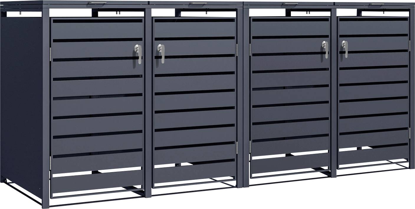 Drei dunkelgraue Metallschränke mit horizontalen Lamellen und Griffen, nebeneinander auf weißem Hintergrund dargestellt.