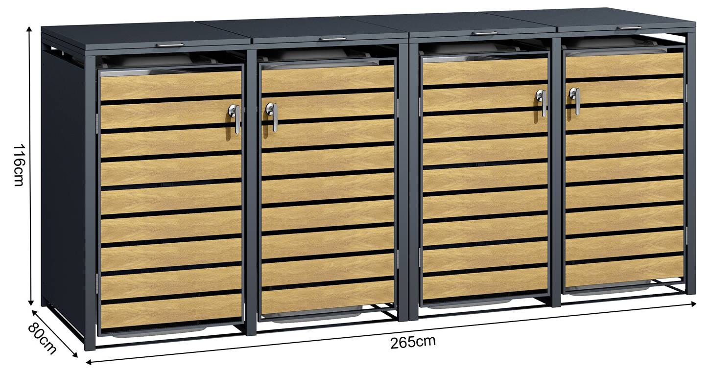 Abbildung einer großen vierbuchtig Außenlagereinheit mit Holztür-Paneelen und schwarzem Rahmen, beschriftet mit 265 cm Breite, 80 cm Tiefe und 116 cm Höhe.