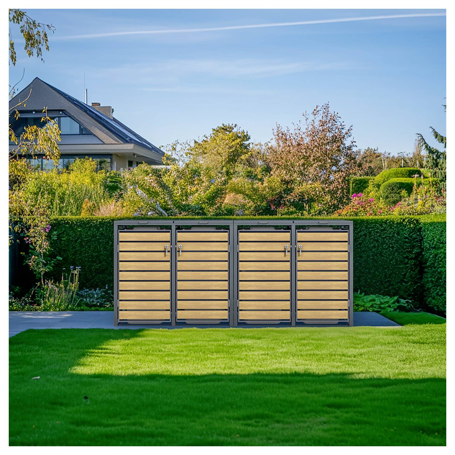 Vierteiliger Holz-Außenlagerschrank auf einem Rasen, mit einer Hecke und einem Haus im Hintergrund an einem sonnigen Tag.