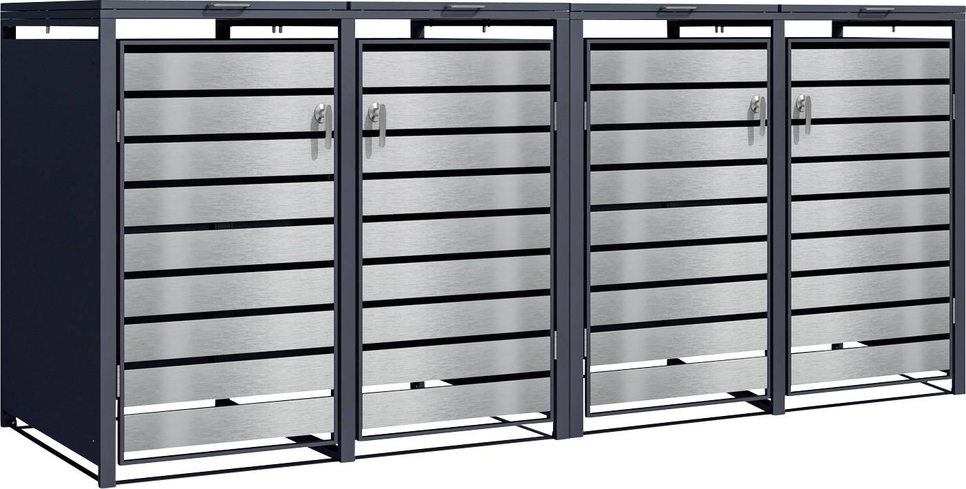 Metalllagerschrank mit vier lamelligen Schiebetüren in dunkelgrauem Rahmen, auf weißem Hintergrund abgebildet.